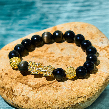 Natural Gold Sheen Obsidian & Copper Pixiu Om Mani Padme Hum Beaded Bracelet