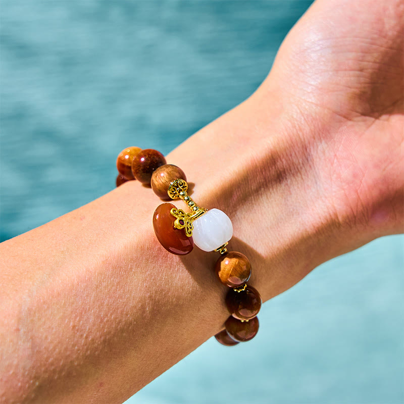 Natural Hand-Carved Red Tiger Eye Pumpkin Bead Grounding Bracelet