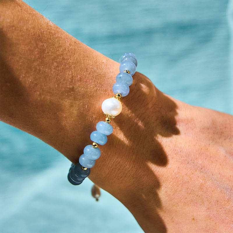 Natural Aquamarine Bead Bracelet with Seashell and Pearl Accents