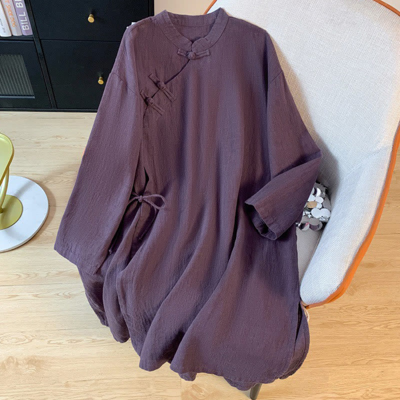 Casual Women's Plain Frog-Button Stand Collar Design Long Sleeve Cotton Linen Shirt