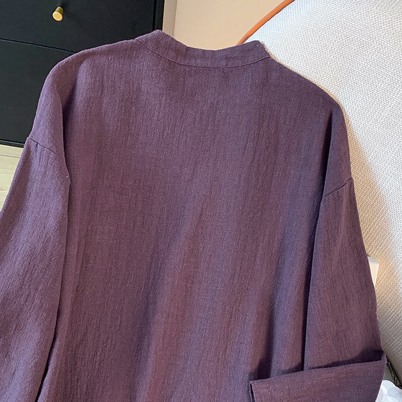 Casual Women's Plain Frog-Button Stand Collar Design Long Sleeve Cotton Linen Shirt