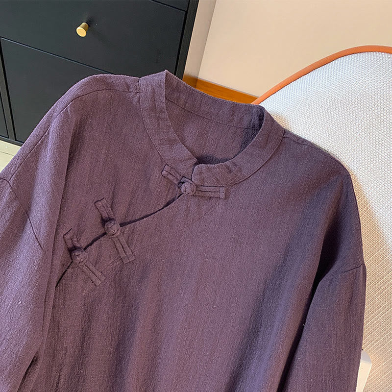 Casual Women's Plain Frog-Button Stand Collar Design Long Sleeve Cotton Linen Shirt