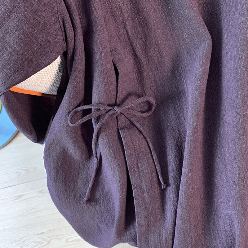 Casual Women's Plain Frog-Button Stand Collar Design Long Sleeve Cotton Linen Shirt