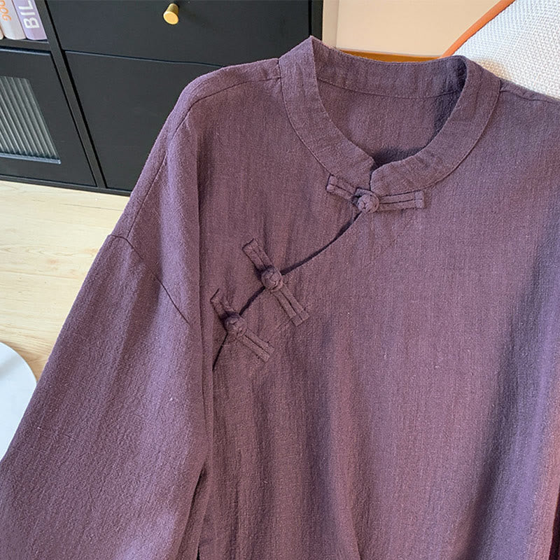 Casual Women's Plain Frog-Button Stand Collar Design Long Sleeve Cotton Linen Shirt