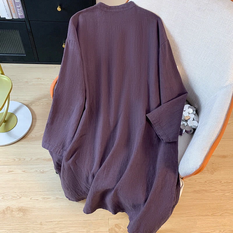 Casual Women's Plain Frog-Button Stand Collar Design Long Sleeve Cotton Linen Shirt