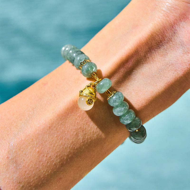 Handmade Cyan Jade & Strawberry Quartz Lucky Cat Beaded Copper Bracelet