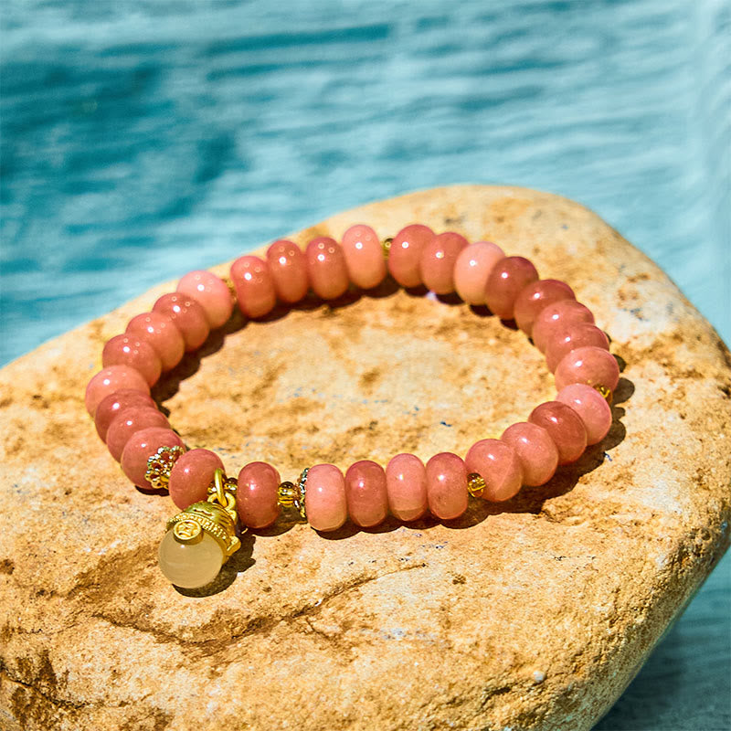 Handmade Cyan Jade & Strawberry Quartz Lucky Cat Beaded Copper Bracelet