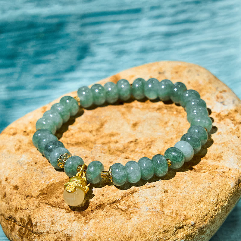 Handmade Cyan Jade & Strawberry Quartz Lucky Cat Beaded Copper Bracelet