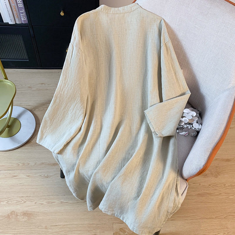 Casual Women's Plain Frog-Button Stand Collar Design Long Sleeve Cotton Linen Shirt