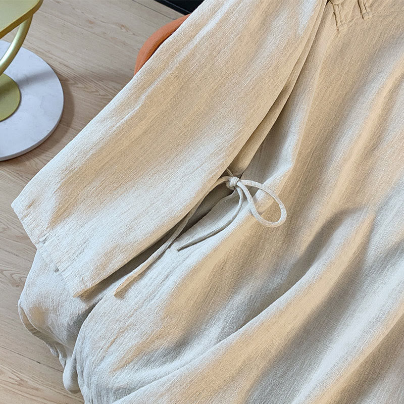 Casual Women's Plain Frog-Button Stand Collar Design Long Sleeve Cotton Linen Shirt