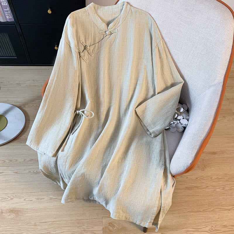 Casual Women's Plain Frog-Button Stand Collar Design Long Sleeve Cotton Linen Shirt