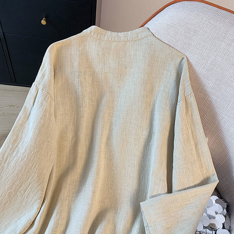 Casual Women's Plain Frog-Button Stand Collar Design Long Sleeve Cotton Linen Shirt