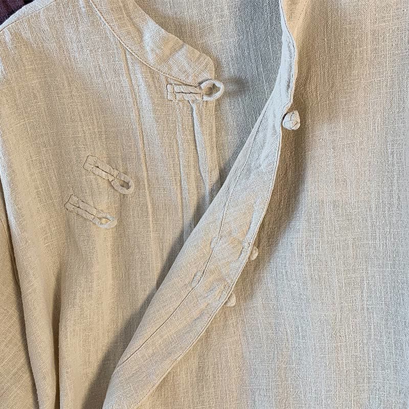 Casual Women's Plain Frog-Button Stand Collar Design Long Sleeve Cotton Linen Shirt