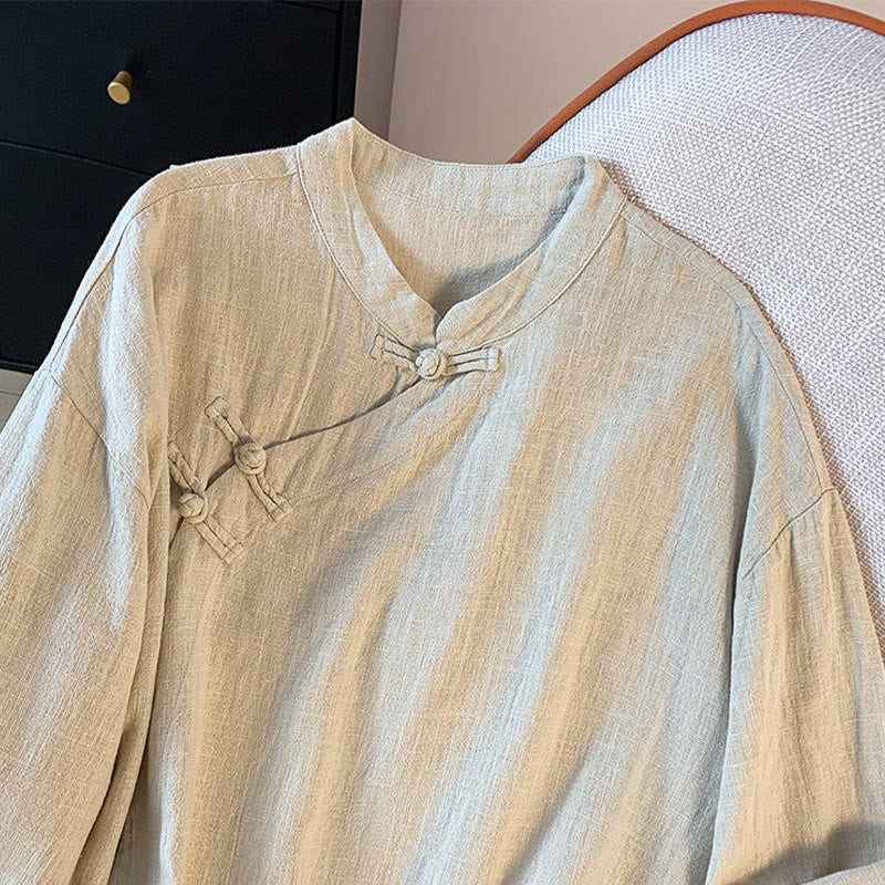 Casual Women's Plain Frog-Button Stand Collar Design Long Sleeve Cotton Linen Shirt