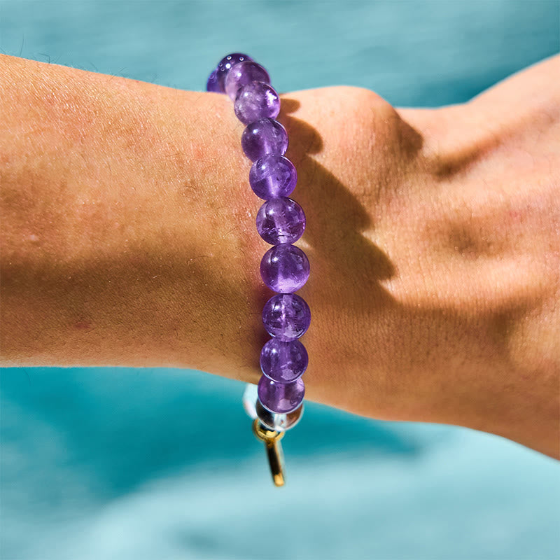 Natural Amethyst and Clear Quartz Flower Charm Ping An Kou Copper Bracelet