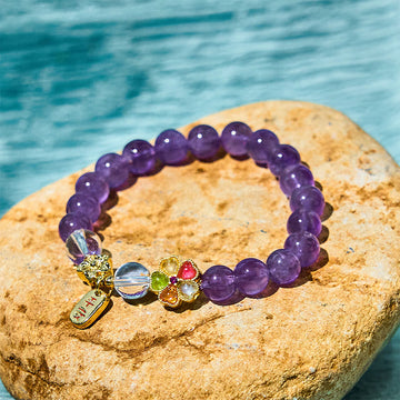 Natural Amethyst and Clear Quartz Flower Charm Ping An Kou Copper Bracelet