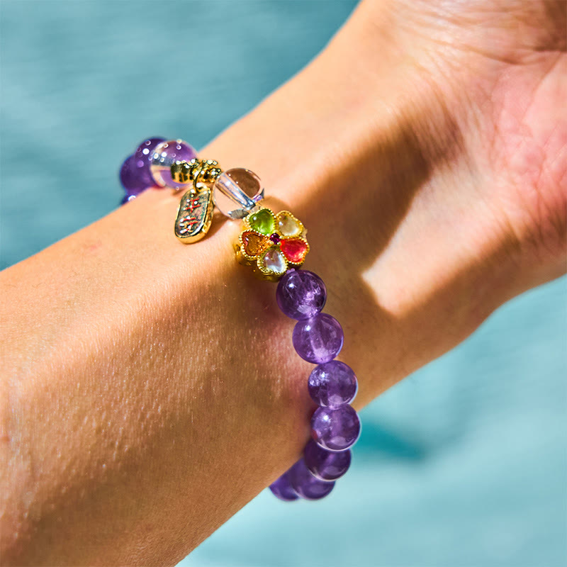 Natural Amethyst and Clear Quartz Flower Charm Ping An Kou Copper Bracelet
