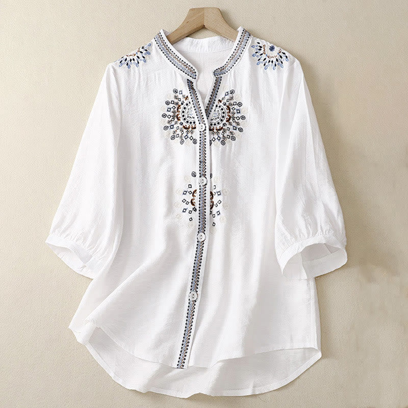 Cotton Linen Embroidered V-Neck Mindful Lounge Shirt
