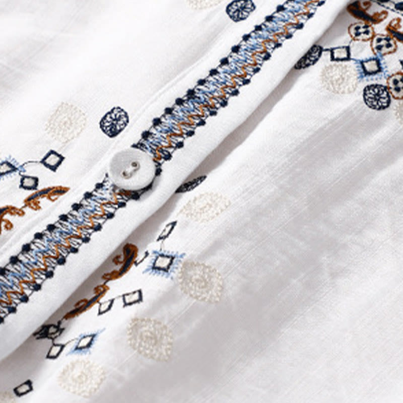 Cotton Linen Embroidered V-Neck Mindful Lounge Shirt