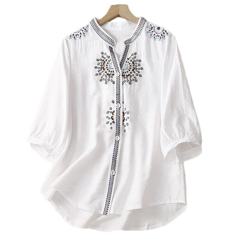 Cotton Linen Embroidered V-Neck Mindful Lounge Shirt