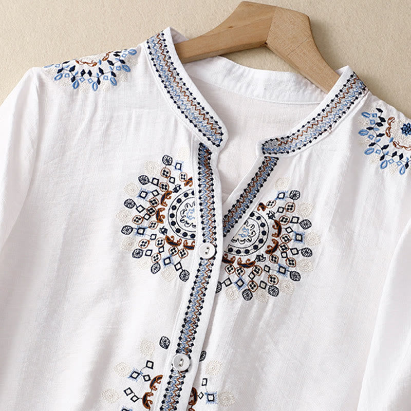 Cotton Linen Embroidered V-Neck Mindful Lounge Shirt