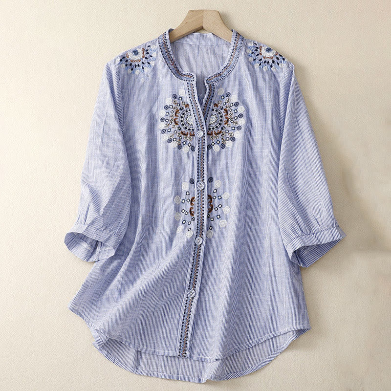 Cotton Linen Embroidered V-Neck Mindful Lounge Shirt