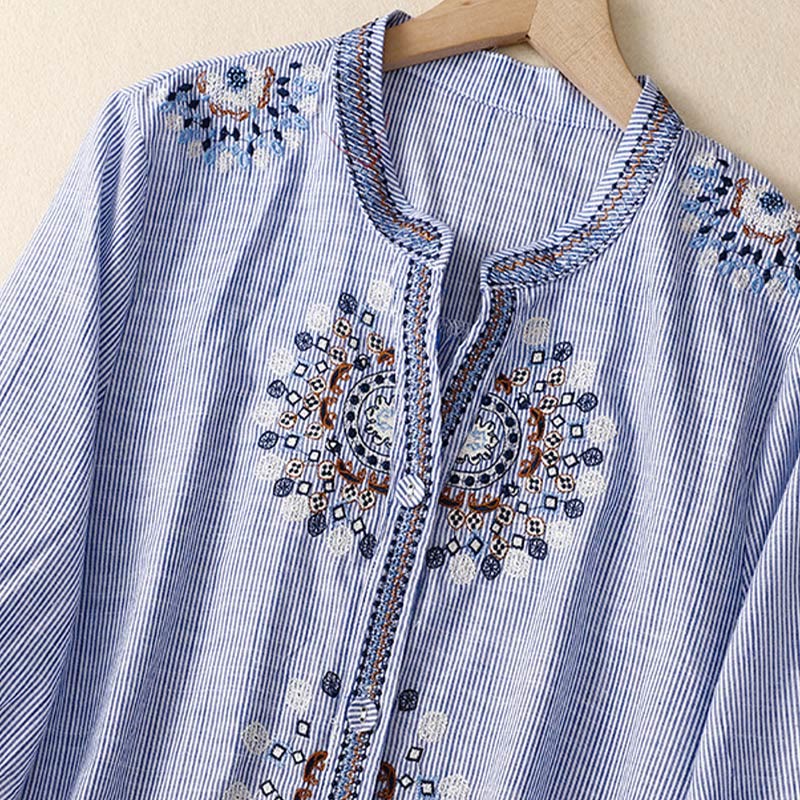 Cotton Linen Embroidered V-Neck Mindful Lounge Shirt