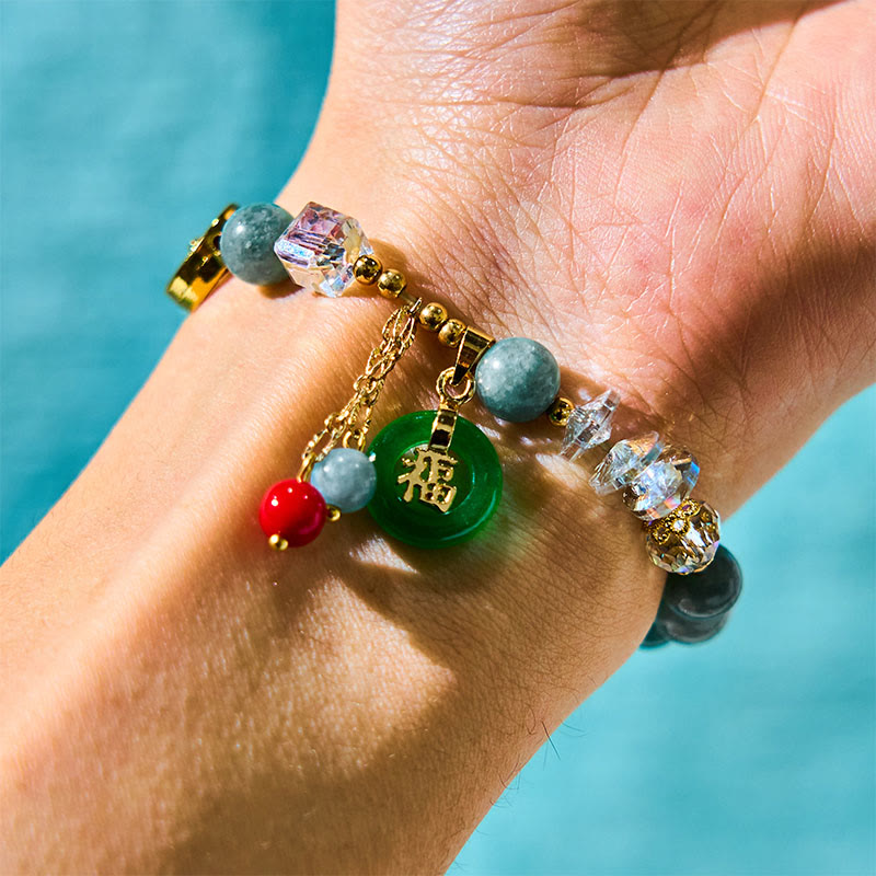 Strawberry Quartz and Jade Fu Character Charm Energy Bracelet