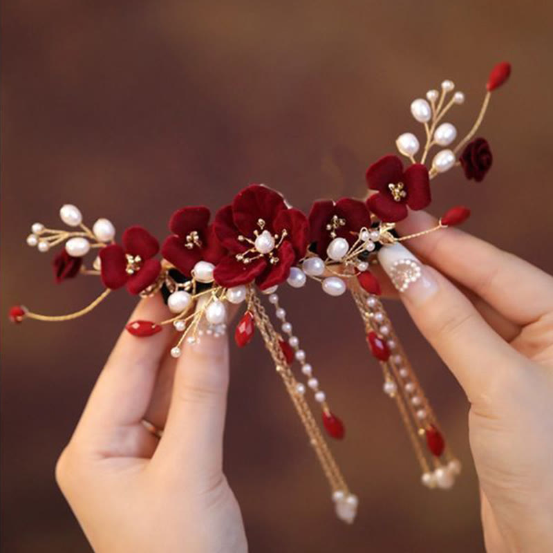 Handmade Chinese Oriental Red Rose Floral Wedding Bridal Hair Clip with Tassel
