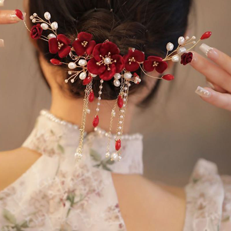 Handmade Chinese Oriental Red Rose Floral Wedding Bridal Hair Clip with Tassel