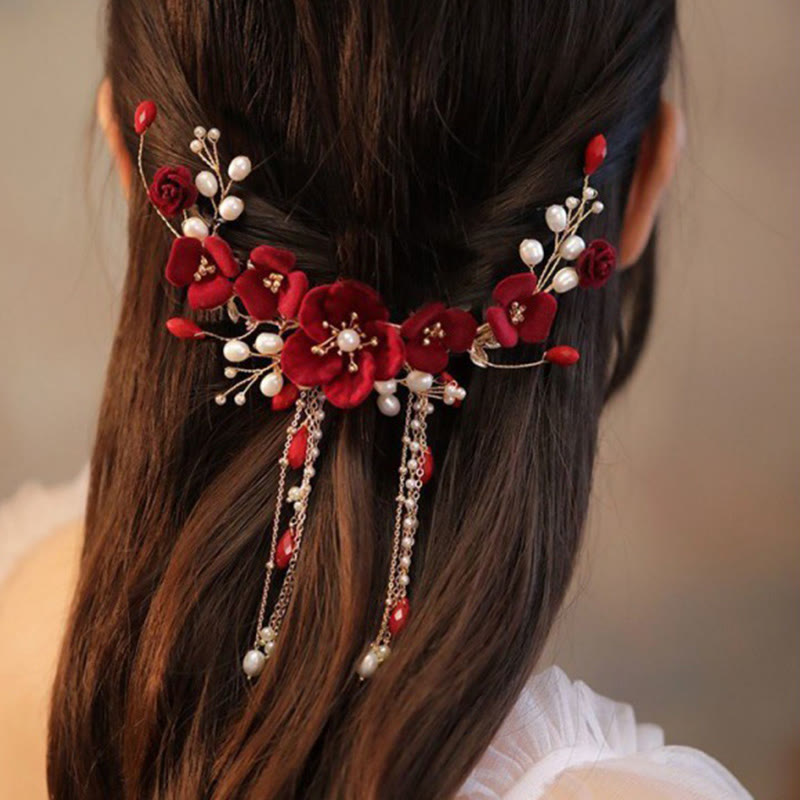 Handmade Chinese Oriental Red Rose Floral Wedding Bridal Hair Clip with Tassel