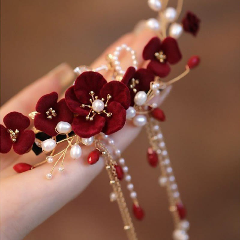 Handmade Chinese Oriental Red Rose Floral Wedding Bridal Hair Clip with Tassel
