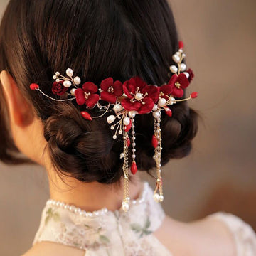 Handmade Chinese Oriental Red Rose Floral Wedding Bridal Hair Clip with Tassel