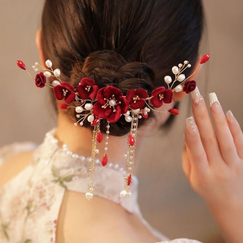 Handmade Chinese Oriental Red Rose Floral Wedding Bridal Hair Clip with Tassel