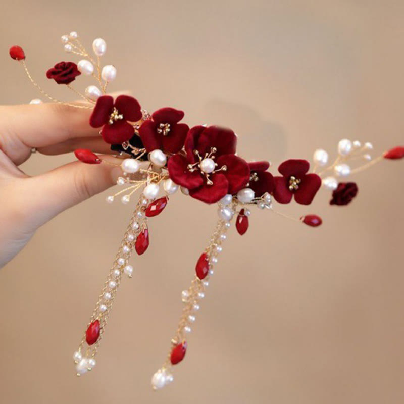 Handmade Chinese Oriental Red Rose Floral Wedding Bridal Hair Clip with Tassel