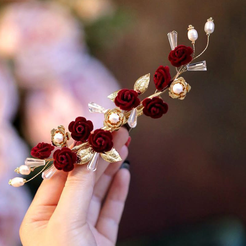 Handmade Chinese Oriental Red Rose Floral Wedding Bridal Hair Clip with Tassel