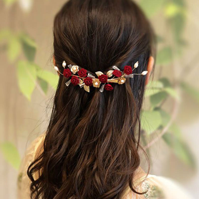 Handmade Chinese Oriental Red Rose Floral Wedding Bridal Hair Clip with Tassel