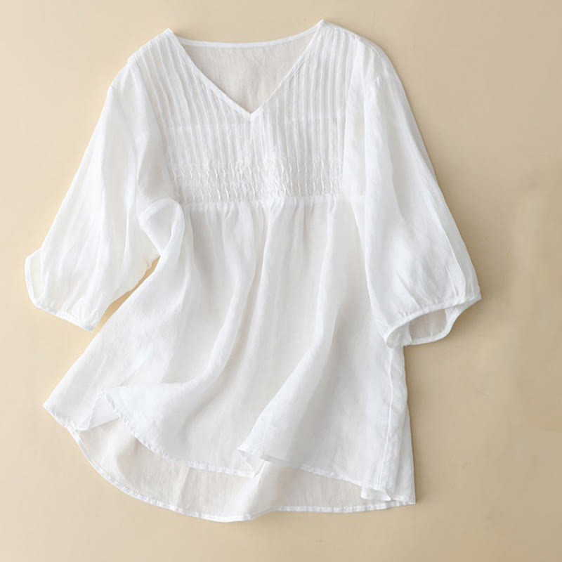 Casual Plain Loose Women's V-Neck Design Half Sleeve Cotton Shirt