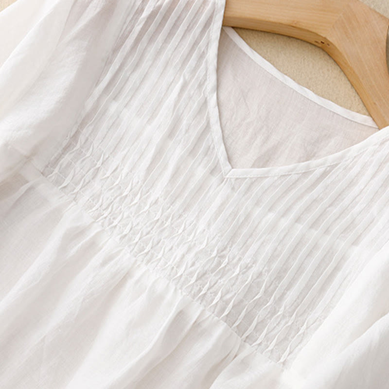 Casual Plain Loose Women's V-Neck Design Half Sleeve Cotton Shirt