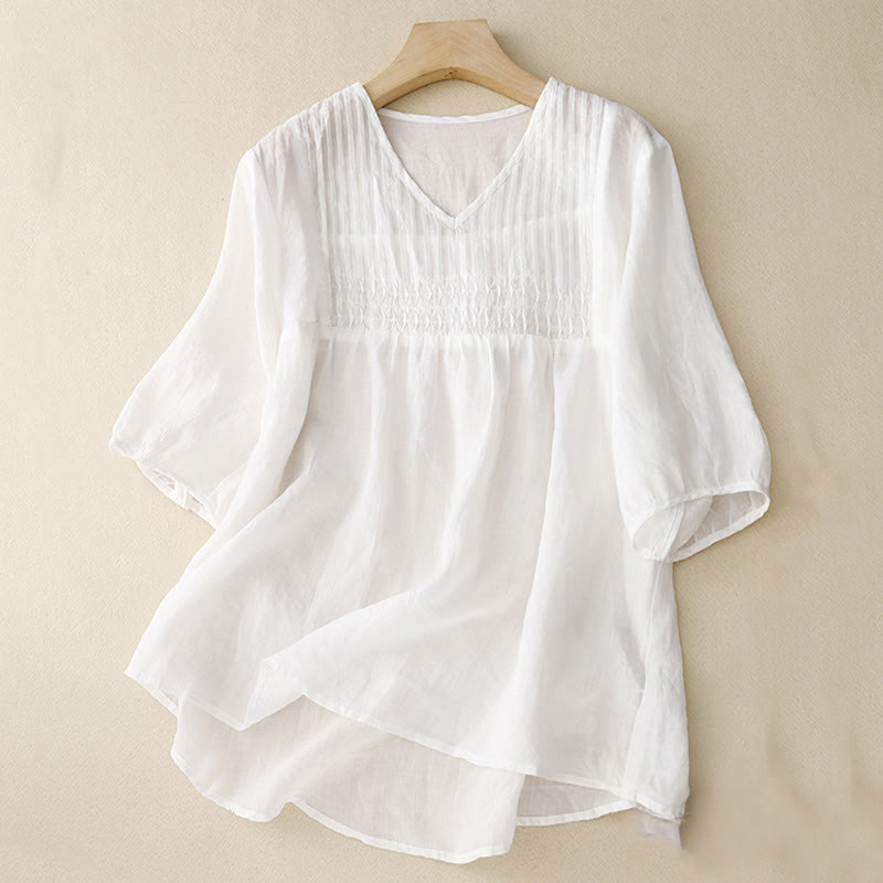 Casual Plain Loose Women's V-Neck Design Half Sleeve Cotton Shirt