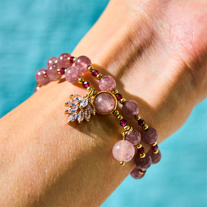 Natural Strawberry Quartz 6mm Bead Double Wrap Bracelet with Maple Leaf Charm