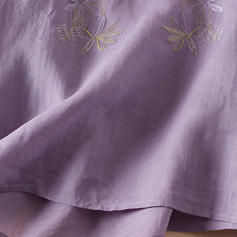 Casual Embroidery Plants Women's V-Neck Design Half Sleeve Cotton Blended Shirt