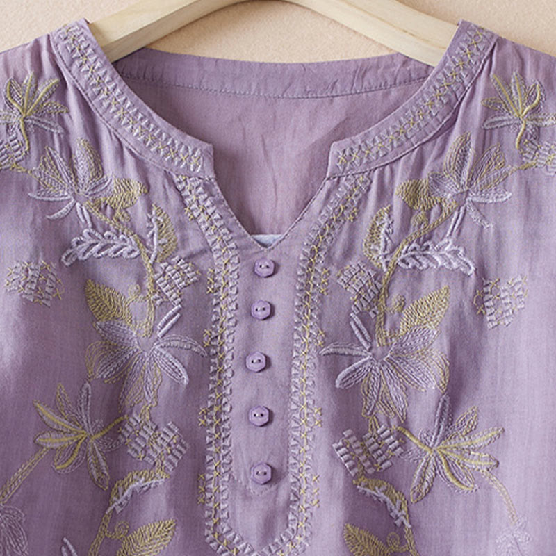 Casual Embroidery Plants Women's V-Neck Design Half Sleeve Cotton Blended Shirt