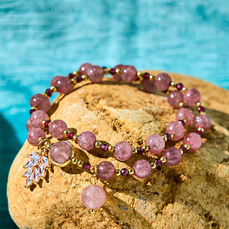Natural Strawberry Quartz 6mm Bead Double Wrap Bracelet with Maple Leaf Charm