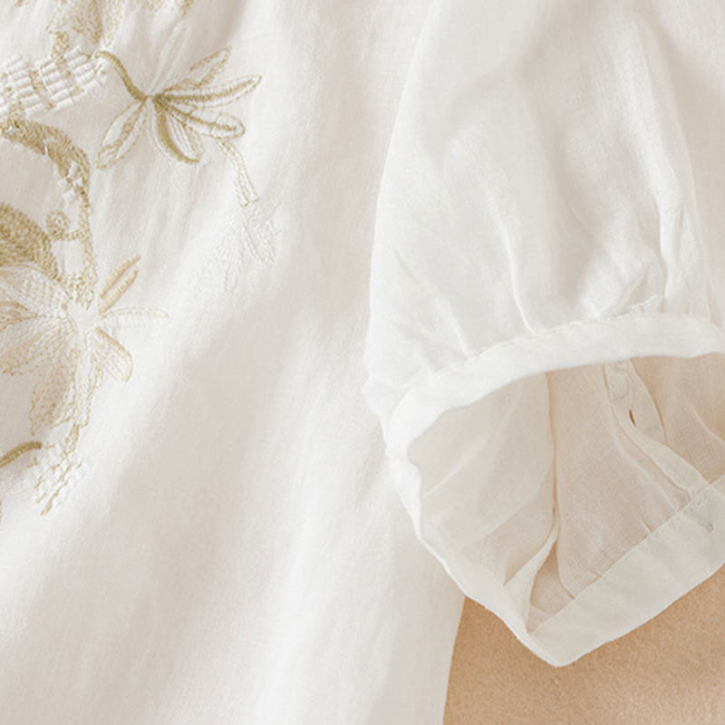 Casual Embroidery Plants Women's V-Neck Design Half Sleeve Cotton Blended Shirt