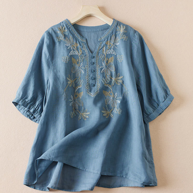 Casual Embroidery Plants Women's V-Neck Design Half Sleeve Cotton Blended Shirt