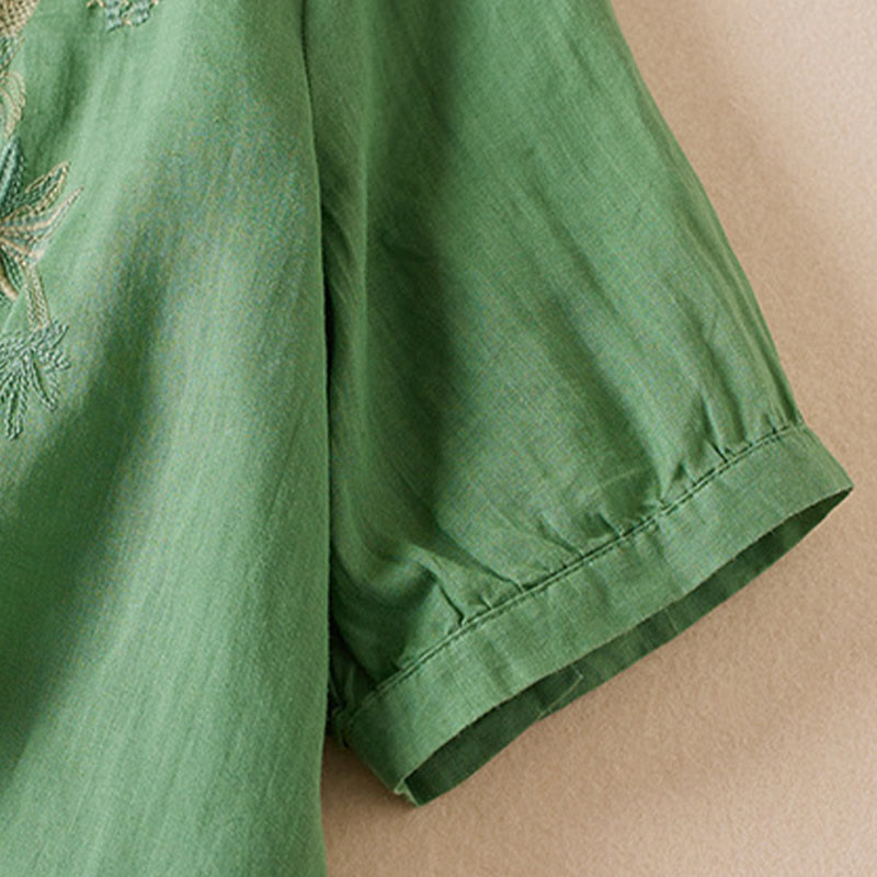 Casual Embroidery Plants Women's V-Neck Design Half Sleeve Cotton Blended Shirt