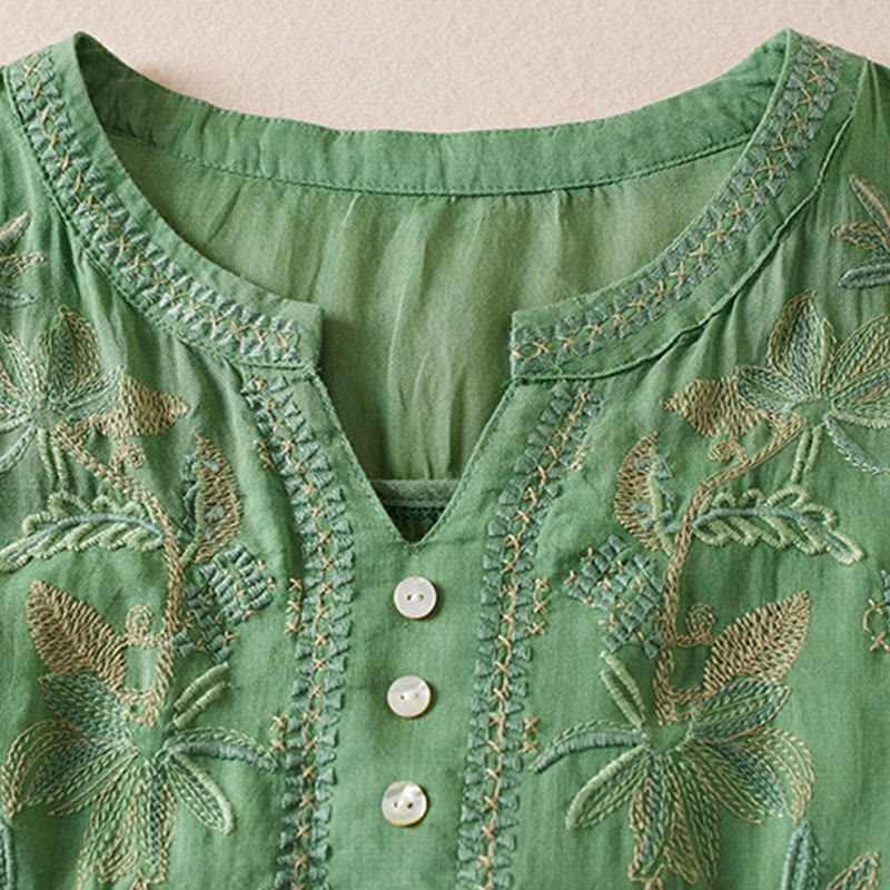 Casual Embroidery Plants Women's V-Neck Design Half Sleeve Cotton Blended Shirt