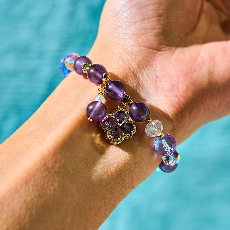 Natural Amethyst and Pearl Flower Charm Transformation Bracelet