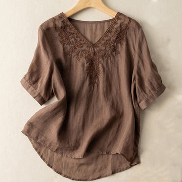 Casual Embroidery Floral Women's V-Neck Design Half Sleeve Cotton Shirt